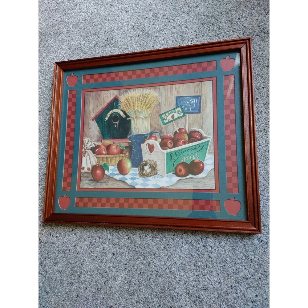 Vintage Home Interiors Gifts Apples Birdhouse Picture Checkered Die Cut Mat USA